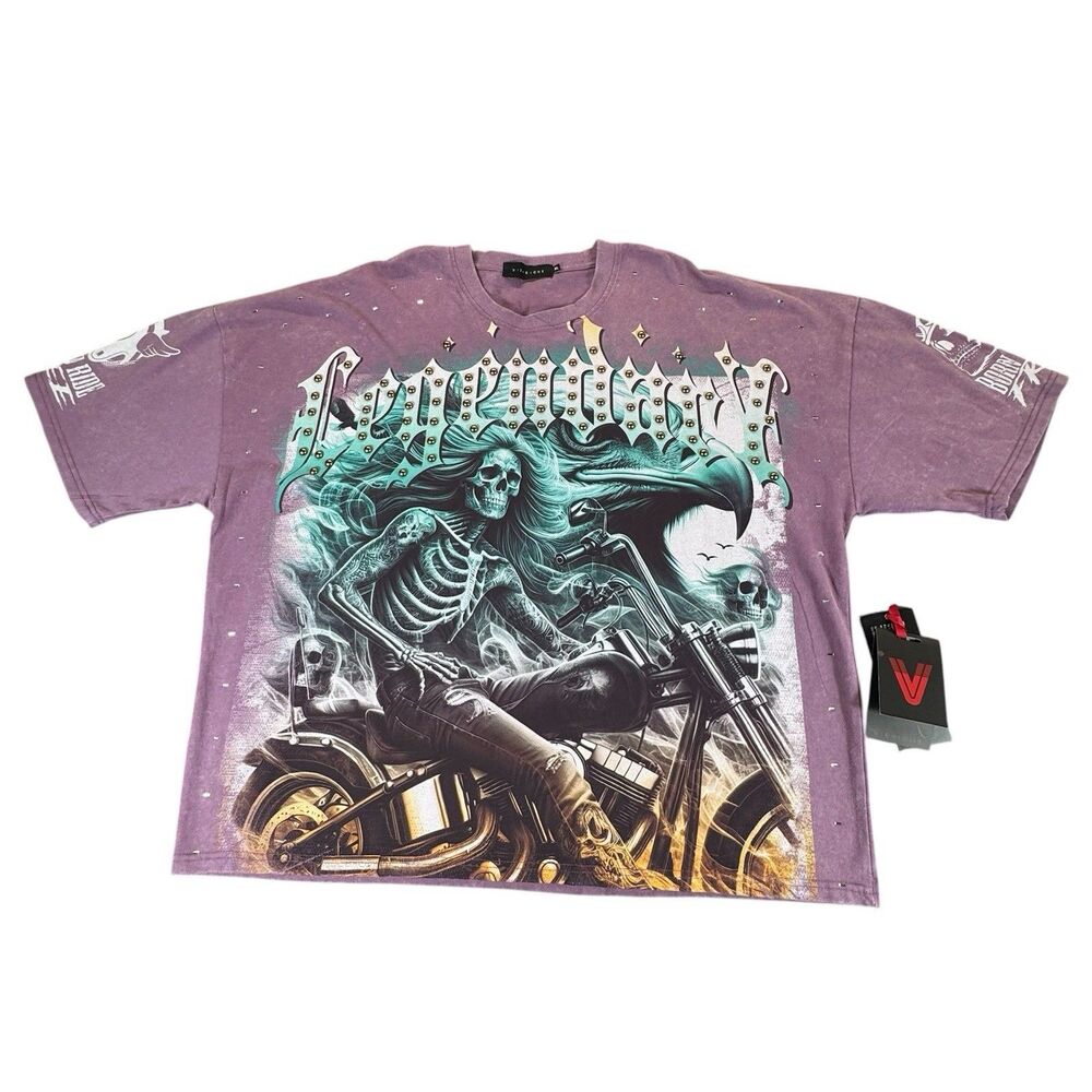 Vie Riche XL Legendary Born To Ride Skeleton Urban Motorcycle Bike Studded Shirt